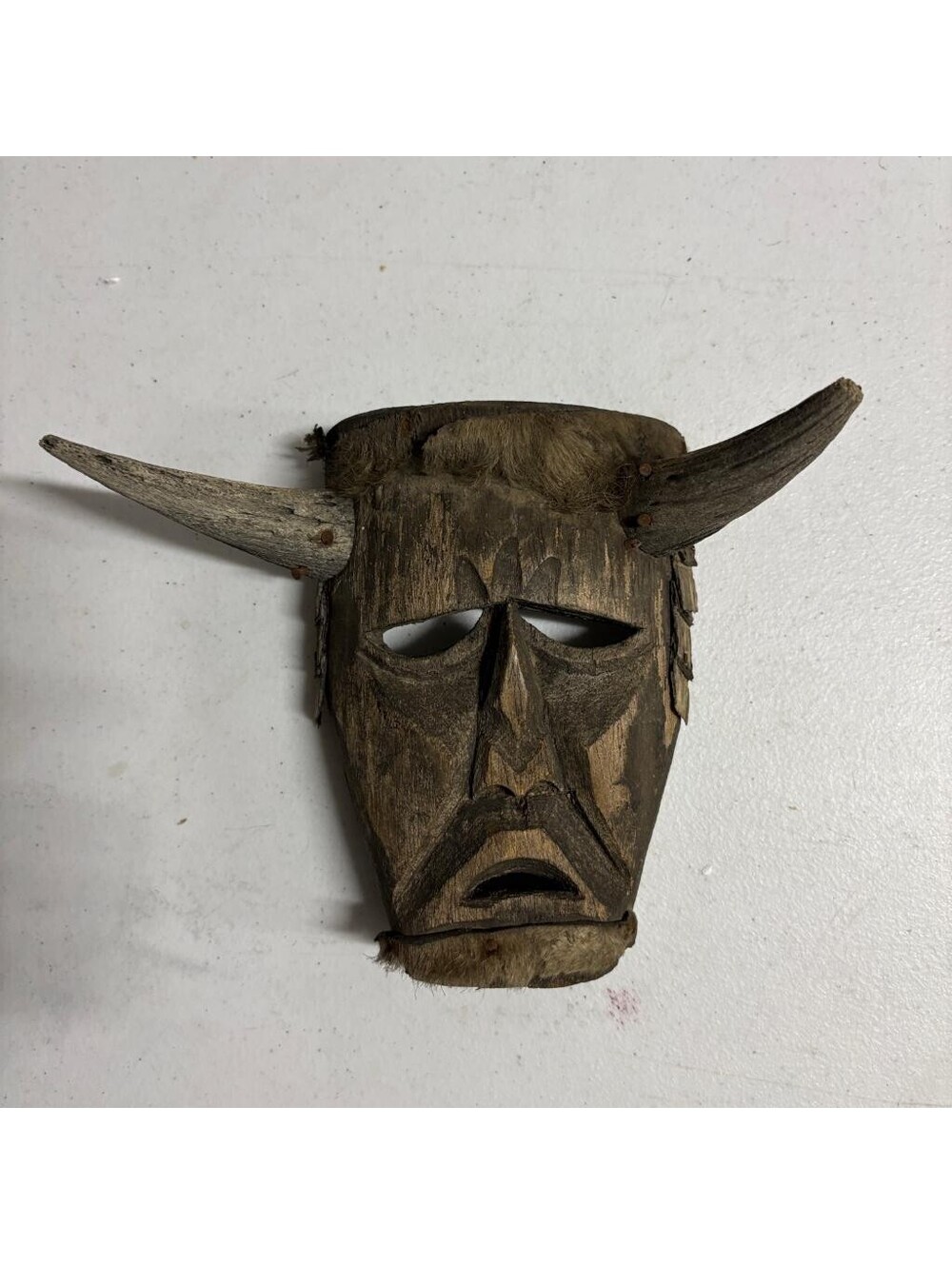 Vintage Hand Carved Wooden Horned Mask Folk Art Tribal Style Fur Accents 8 Inch